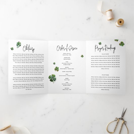 Irish Kleeblatt Clover Funerary Memorial Program Dreifach Gefaltete Einladung (Innenseite)