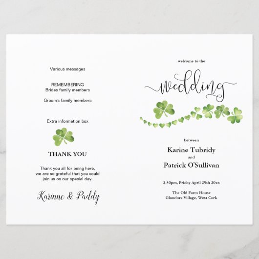 Irish Kleeblatt Green Hochzeitsprogramm (Vorderseite)