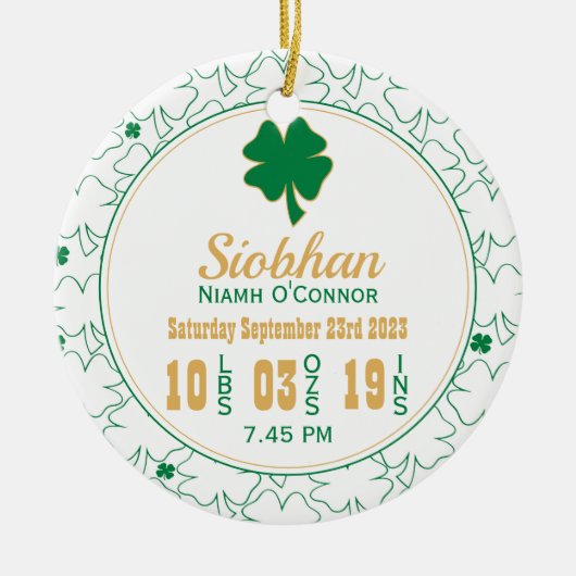 Irish Kleeblatt New Baby Birth Stats Keramik Ornament (Vorne)
