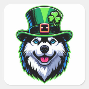 Irish Kleeblatt Siberian Husky Dog St Patricks Day Quadratischer Aufkleber