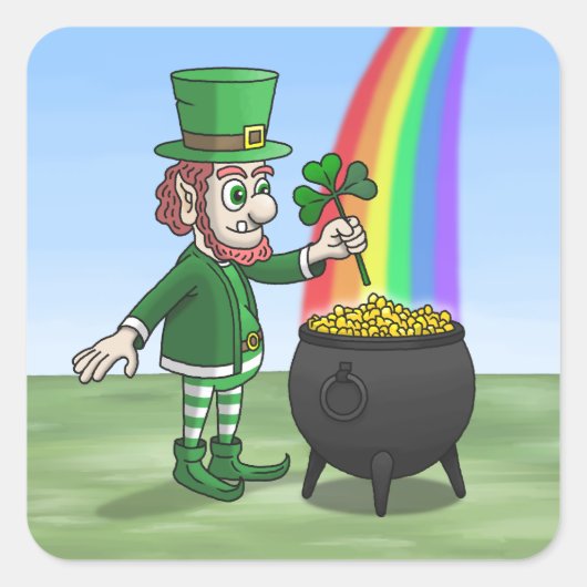 Irish leprechaun and the pot full of gold quadratischer aufkleber (Vorderseite)
