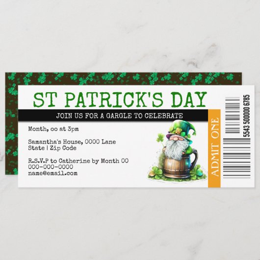 Irish Leprechaun Bierpass Ticket Party Einladung (Vorne/Hinten)