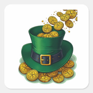 Irish Leprechaun Hat and Gold Coins Quadratischer Aufkleber