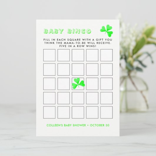 Irish Leprechaun Lucky Kleeblatt Baby Bingo Einladung (Stehend Vorderseite)