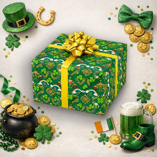 Irish Leprechaun Rainbow Green Celtic Pattern Geschenkpapier