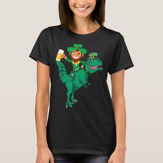 Irish Leprechaun Riding Dinosaur Beer Lover St Pat T-Shirt (Vorderseite)