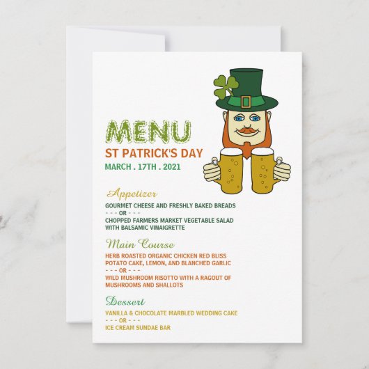 Irish Leprechaun, St Patrick's Day Menu Card Einladung (Vorderseite)