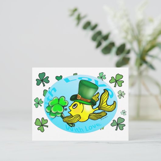 IRISH LUCK GOLDFISH mit Hut und Kleeblättern niedl Postkarte (Stehend Vorderseite)