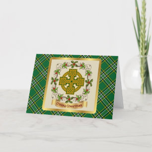 Irish National Tartan w/Celtic Cross Personalisier Feiertagskarte
