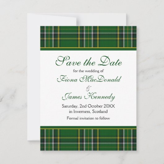 Irish National Tartan Wedding Save the Date Card (Vorderseite)