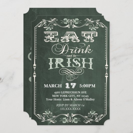 Irish Party Eat Drinks und sein Irish Chalkboard Einladung (Vorne/Hinten)