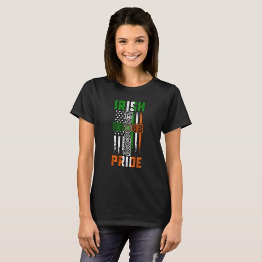 Irish Pride American Flag Celtic Cross St Patricks T-Shirt (Vorne ganz)