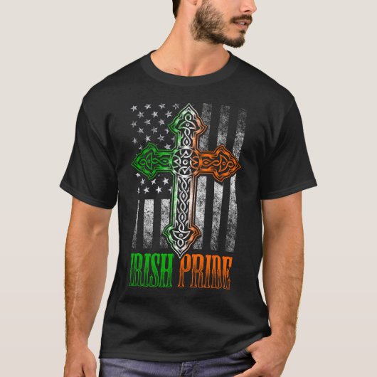 Irish Pride Celtic Cross American Flag Irland Gru T-Shirt (Vorderseite)