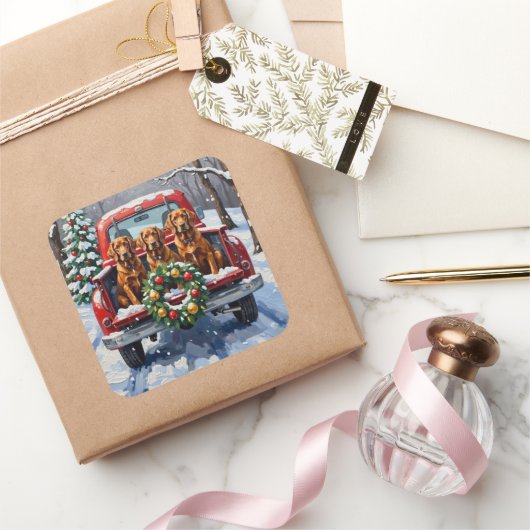 Irish Red Setter Christmas Red Truck Holiday Quadratischer Aufkleber (Schenken)