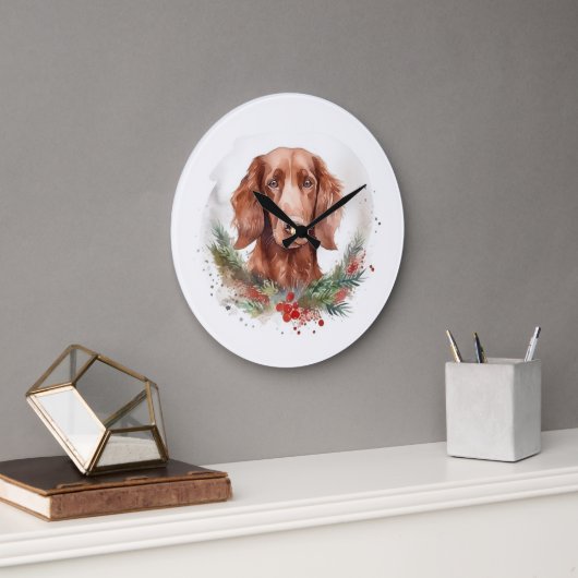 Irish Red Setter Christmas Wreath Festivals Große Wanduhr (Büro)