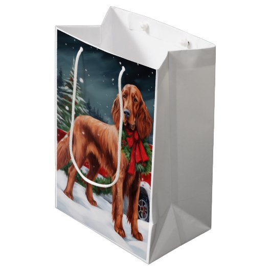 Irish Red Setter Dog in Schnee Weihnachten Mittlere Geschenktüte (Vorderseite Schrägansicht)