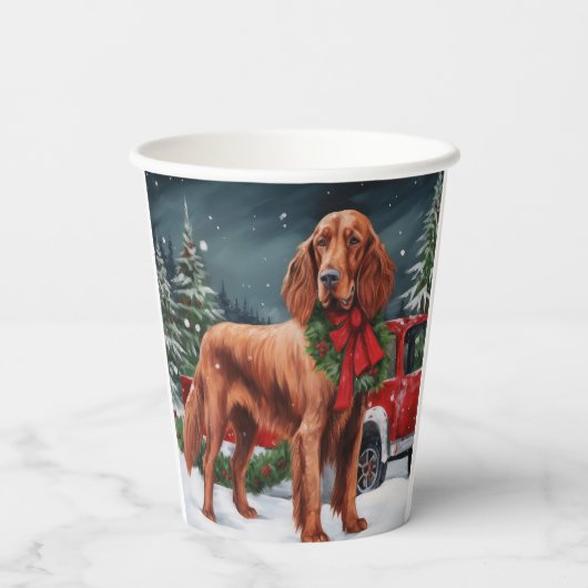 Irish Red Setter Dog in Schnee Weihnachten Pappbecher (Rückseite)