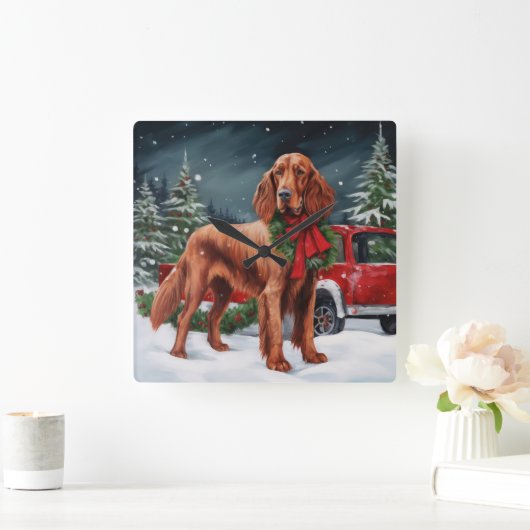 Irish Red Setter Dog in Schnee Weihnachten Quadratische Wanduhr (Zuhause)