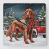 Irish Red Setter Dog in Schnee Weihnachten Quadratische Wanduhr (Vorderseite)