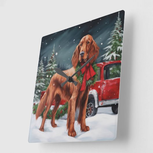 Irish Red Setter Dog in Schnee Weihnachten Quadratische Wanduhr (Winkel)
