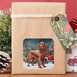 Irish Red Setter Dog in Schnee Weihnachten Quadratischer Aufkleber