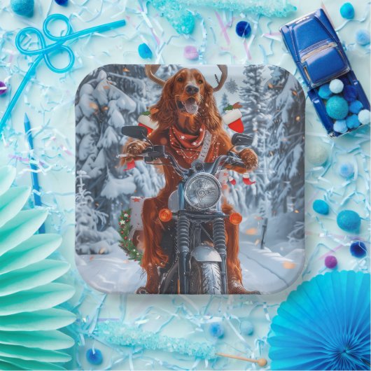 Irish Red Setter Dog Riding Motorrad Weihnachten Pappteller (Party)
