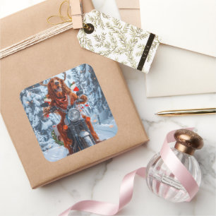 Irish Red Setter Dog Riding Motorrad Weihnachten Quadratischer Aufkleber