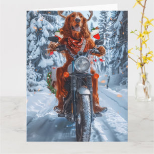 Irish Red Setter Hund fährt Motorrad Weihnachten Karte