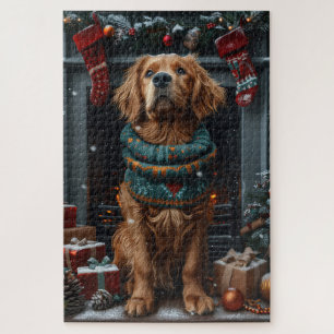 Irish Red Setter Hund mit Weihnachtsgeschenk Kamin Puzzle