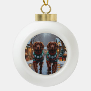 Irish Red Setter Hunde Weihnachten Schnee Urlaub Keramik Kugel-Ornament
