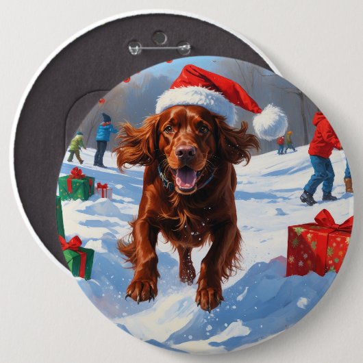 Irish Red Setter läuft durch Schnee mit Weihnachts Button (Vorne & Hinten)