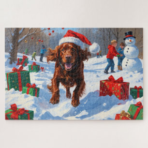 Irish Red Setter läuft durch Schnee mit Weihnachts Puzzle