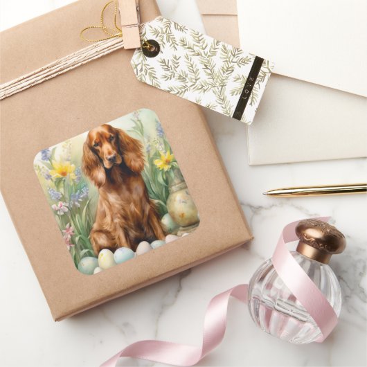 Irish Red Setter mit Ostereiern Quadratischer Aufkleber (Schenken)