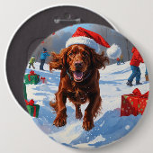 Irish Red Setter Running Snow mit Weihnachtshut Button (Vorne & Hinten)