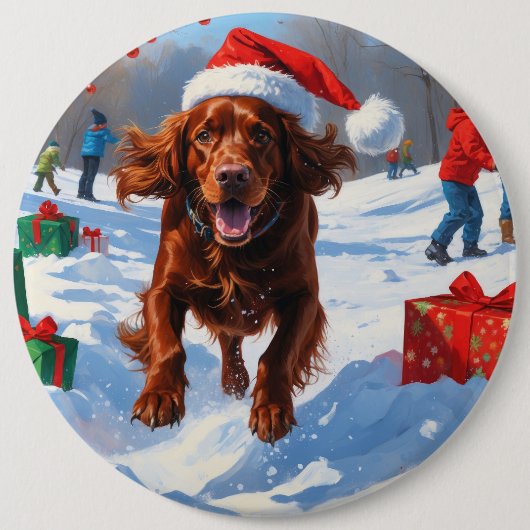 Irish Red Setter Running Snow mit Weihnachtshut Button (Vorderseite)