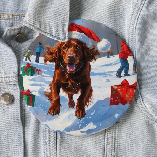 Irish Red Setter Running Snow mit Weihnachtshut Button (Beispiel)