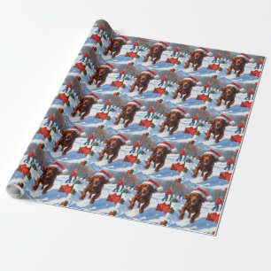 Irish Red Setter Running Snow mit Weihnachtshut Geschenkpapier