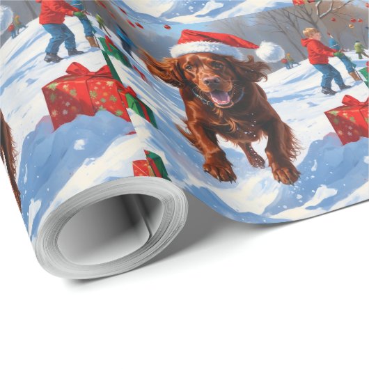 Irish Red Setter Running Snow mit Weihnachtshut Geschenkpapier (Rolleneckpunkt)