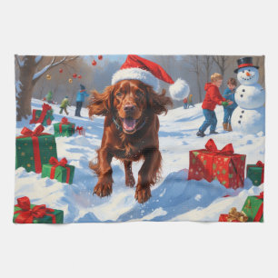Irish Red Setter Running Snow mit Weihnachtshut Geschirrtuch