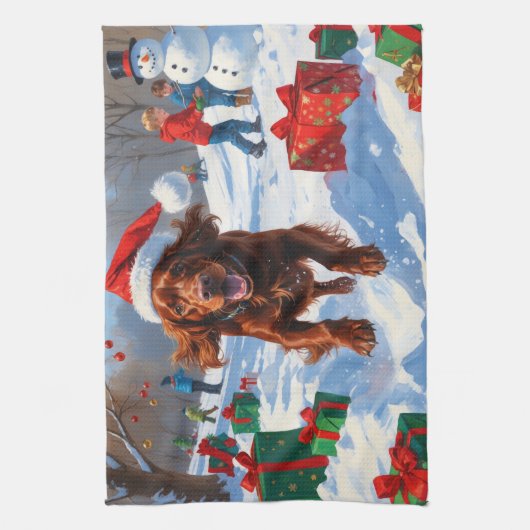 Irish Red Setter Running Snow mit Weihnachtshut Geschirrtuch (Vertikal)