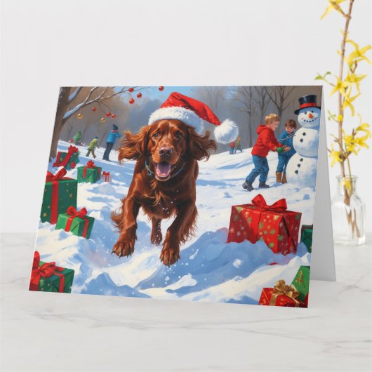 Irish Red Setter Running Snow mit Weihnachtshut Karte (Gelbe Blume)
