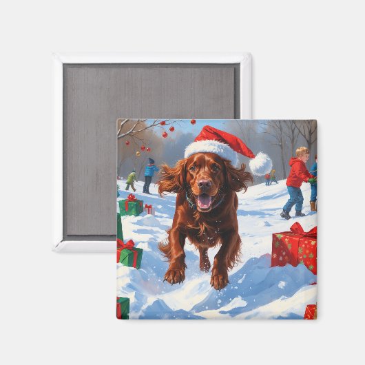 Irish Red Setter Running Snow mit Weihnachtshut Magnet (Vorderseite/Rückseite)