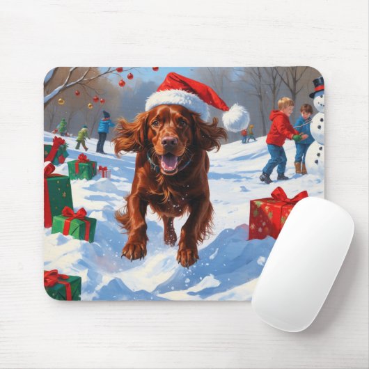 Irish Red Setter Running Snow mit Weihnachtshut Mousepad (Mit Mouse)