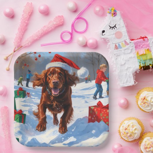 Irish Red Setter Running Snow mit Weihnachtshut Pappteller (Party)