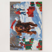 Irish Red Setter Running Snow mit Weihnachtshut Puzzle (Vertikal)
