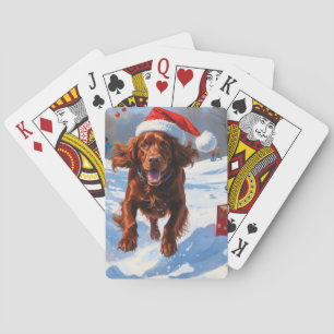 Irish Red Setter Running Snow mit Weihnachtshut Spielkarten