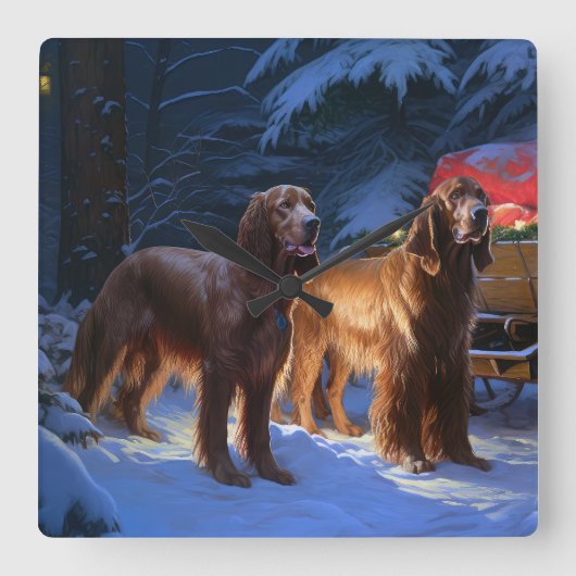 Irish Red Setter Snowy Sleigh Weihnachtsdekor Quadratische Wanduhr (Vorderseite)