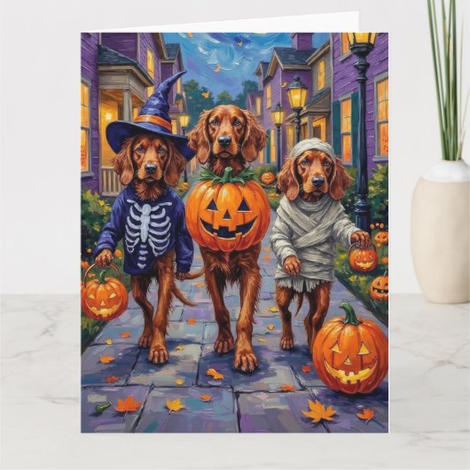 Irish Red Setter Trick-or-Treating Halloween Karte (Vorderseite)