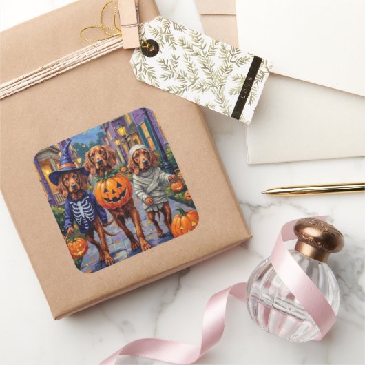 Irish Red Setter Trick-or-Treating Halloween Quadratischer Aufkleber (Schenken)