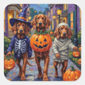 Irish Red Setter Trick-or-Treating Halloween Quadratischer Aufkleber (Vorderseite)